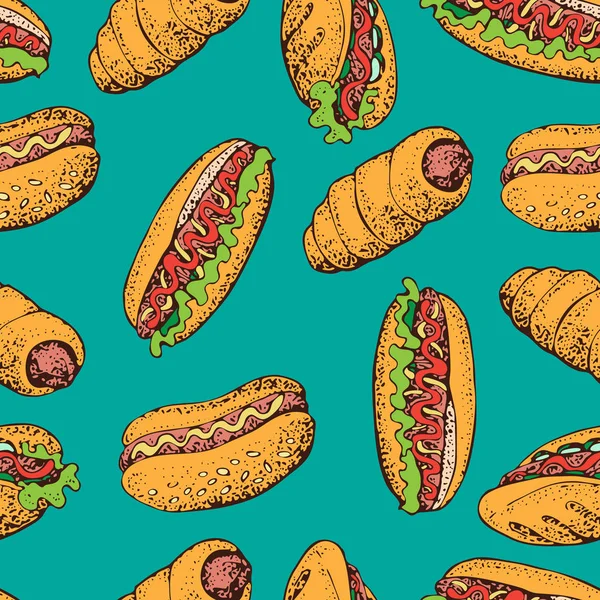 Vector Seamless Pattern Hot Dog Sausage Rolls Cartoon Illustration Fast — Stock Vector