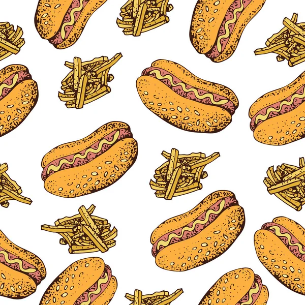 ホットドッグとフライド ポテトのシームレスなパターンをベクトルします ファーストフード漫画背景 アメリカの食べ物は 白で隔離 レストラン メニュー デザイン 生地の質感を識別します — ストックベクタ
