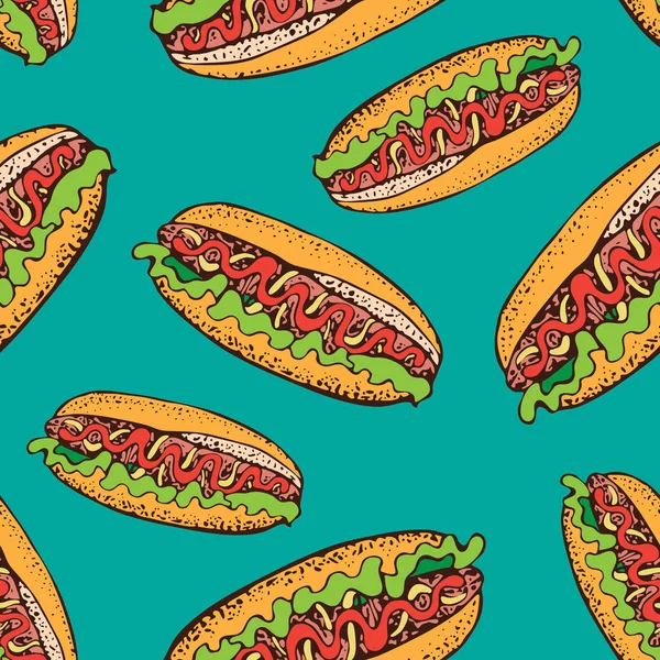 ホットドッグのシームレスなパターンをベクトル ソーセージ ロールします ファーストフードの漫画イラスト アメリカの食べ物 レストラン メニューのストリート食品 ベーカリー カフェ チラシの — ストックベクタ