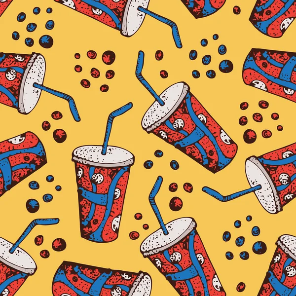 Vector hand drawn seamless pattern of soda, cola drink. Fast food cartoon background. For identify the restaurant, packaging, menu design, fabric texture.