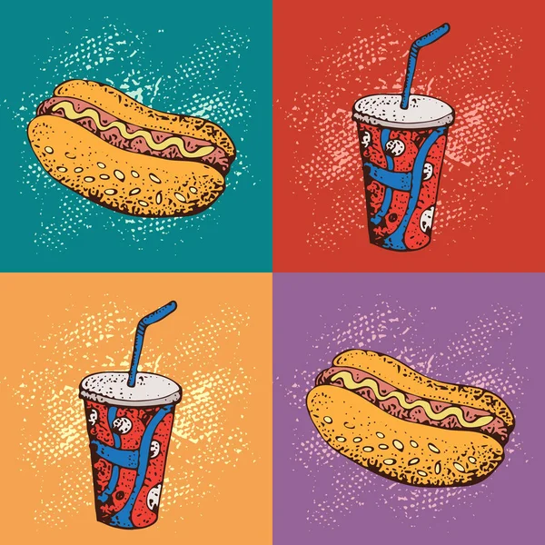 Ilustracja Wektorowa Hot Doga Soda Pop Artu Szybkie Jedzenie Kreskówka — Wektor stockowy
