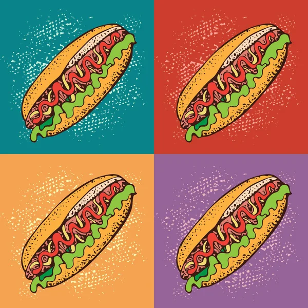 Illustration Vectorielle Pop Art Hot Dog Fast Food Fond Dessin — Image vectorielle