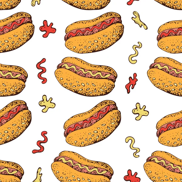 Wektor Wzór Dla Hot Dog Kiełbasa Bułki Ilustracja Kreskówka Fast — Wektor stockowy