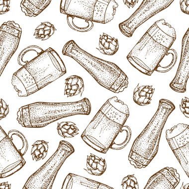 Vektör el seamless modeli bira cam bardağı çekilmiş. Atlama ve buğday. Beyaz arka plan üzerinde izole. Grafik doku Restoran şablonu için. Restoran, pub, bar, oktoberfest için