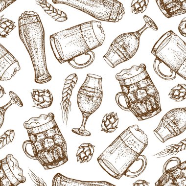 Vektör el seamless modeli bira cam bardağı çekilmiş. Atlama ve buğday. Beyaz arka plan üzerinde izole. Grafik doku Restoran şablonu için. Restoran, pub, bar, oktoberfest için