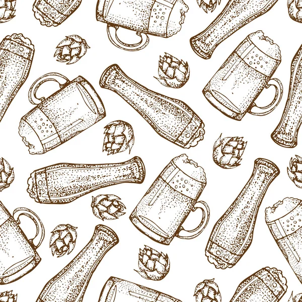 Vector Dibujado Mano Patrón Sin Costura Taza Vidrio Cerveza Lúpulo — Archivo Imágenes Vectoriales