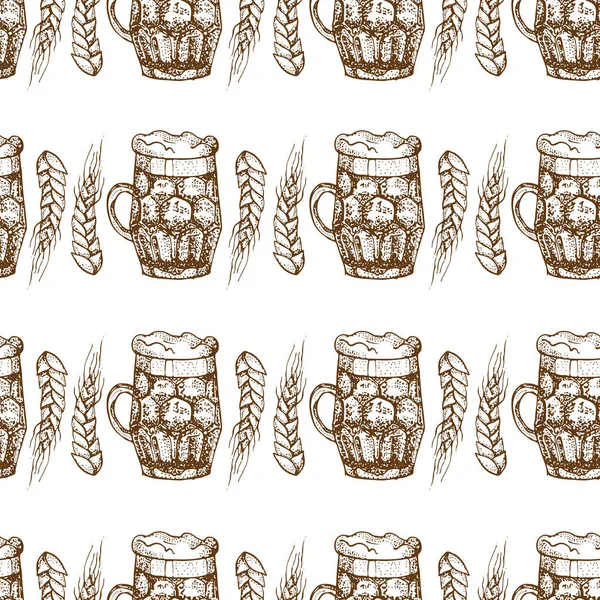 Vector Hand Drawn Seamless Pattern Beer Glass Mug Hops Wheat — Stock Vector