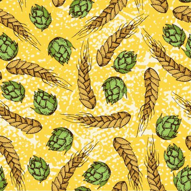 Buğday, arpa hububat ürünleri, tahıllar, atlama koni vektör karikatür seamless modeli. Bira arka plan üzerinde. Grafik doku ekmek şablonu için. Restoran, pastane Dükkanı, web, poster, tekstil