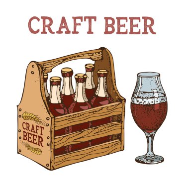 Bira cam kupa ve şişeler çizilen illüstrasyon vektör ver. Beyaz arka plan üzerinde izole. Evde hazırlanmış bira bira. Karikatür tarzı. Restaurant zanaat bira için. Pub, bar, oktoberfest için