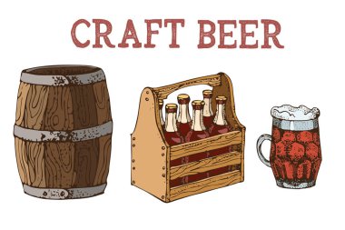 Bira cam kupa, şişe ve bira fıçıları çizilen illüstrasyon vektör ver. Beyaz arka plan üzerinde izole. Evde hazırlanmış bira bira. Karikatür tarzı. Restaurant zanaat bira için. Pub, bar, oktoberfest için
