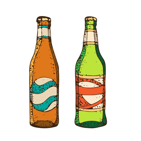 Bouteilles Bière Vertes Brunes Illustration Vectorielle Isolée Dessinée Main Brassage — Image vectorielle