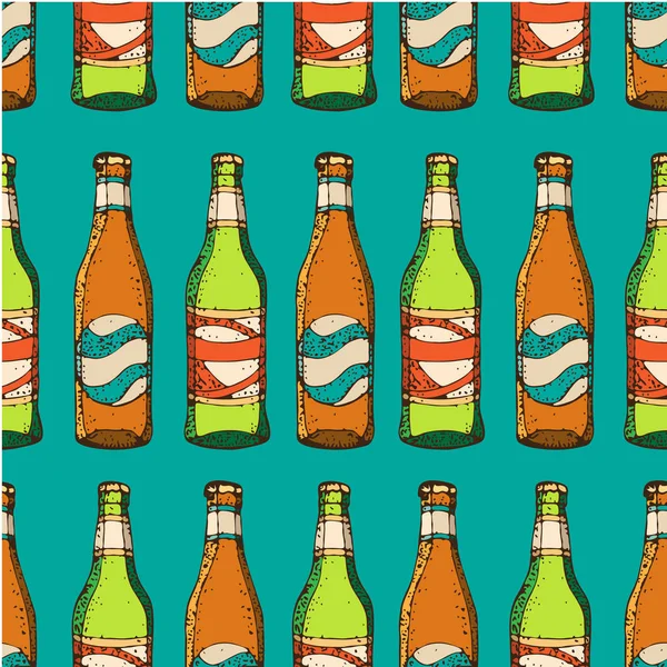 矢量手工绘制的绿色和棕色啤酒瓶无缝模式 家酿造 制作啤酒 卡通风格 为工艺啤酒餐厅 啤酒节 — 图库矢量图片