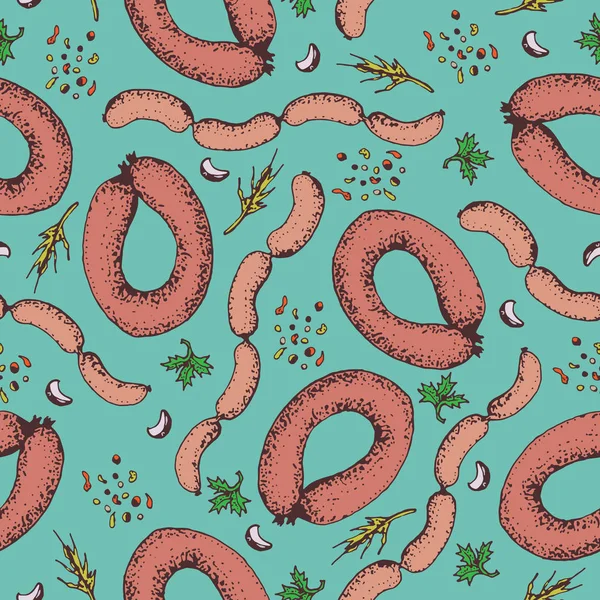 Modèle Sans Couture Avec Des Saucisses Des Épices Nourriture Produits — Image vectorielle