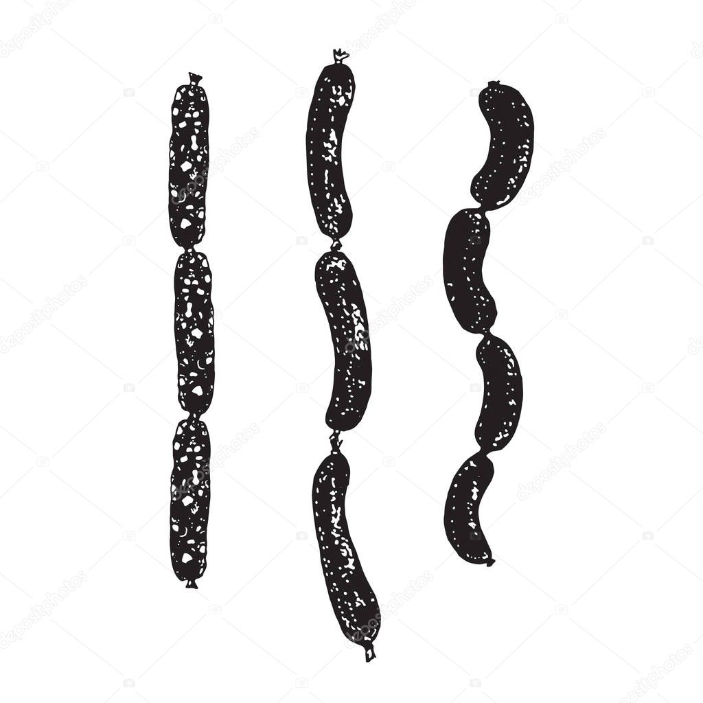 Vector illustration of sausages and salami. Abstract silhouette isolated on white. For identify the restaurant, packaging, menu design, fabric texture.