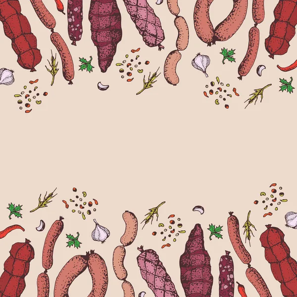 Produit Viande Avec Fond Vectoriel Épices Nourriture Tiré Main Saucisses — Image vectorielle