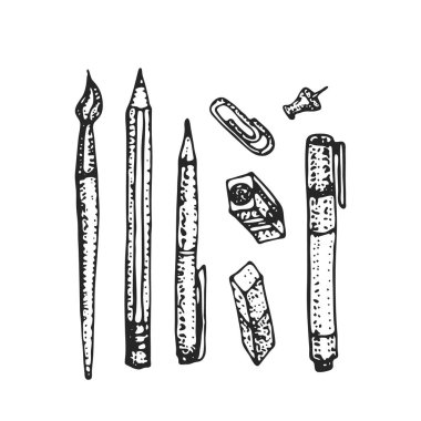 Elle çizilmiş Kırtasiye Seti. Vektör doodle çizim. Ve okul aksesuarlar kümesi. Araçları kompozisyon. Kalem, kalem, marker, liner, kalemtıraş, fırça. Geri okul tasarım öğeleri.