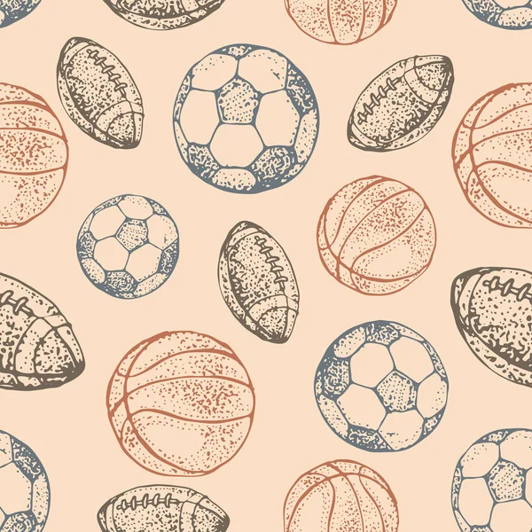 运动球无缝模式 手绘涂鸦图标足球 篮球和足球背景的休闲和休闲 矢量插图 — 图库矢量图片