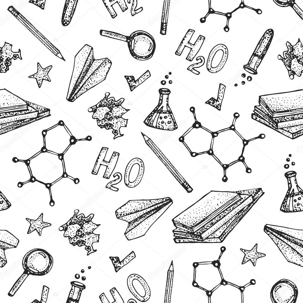 Vector seamless pattern of Chemistry science theory and bonding formula equation, tool model icon. Doodle glass flasks, formulas, stationery, books, scribbles. Back to school design elements.