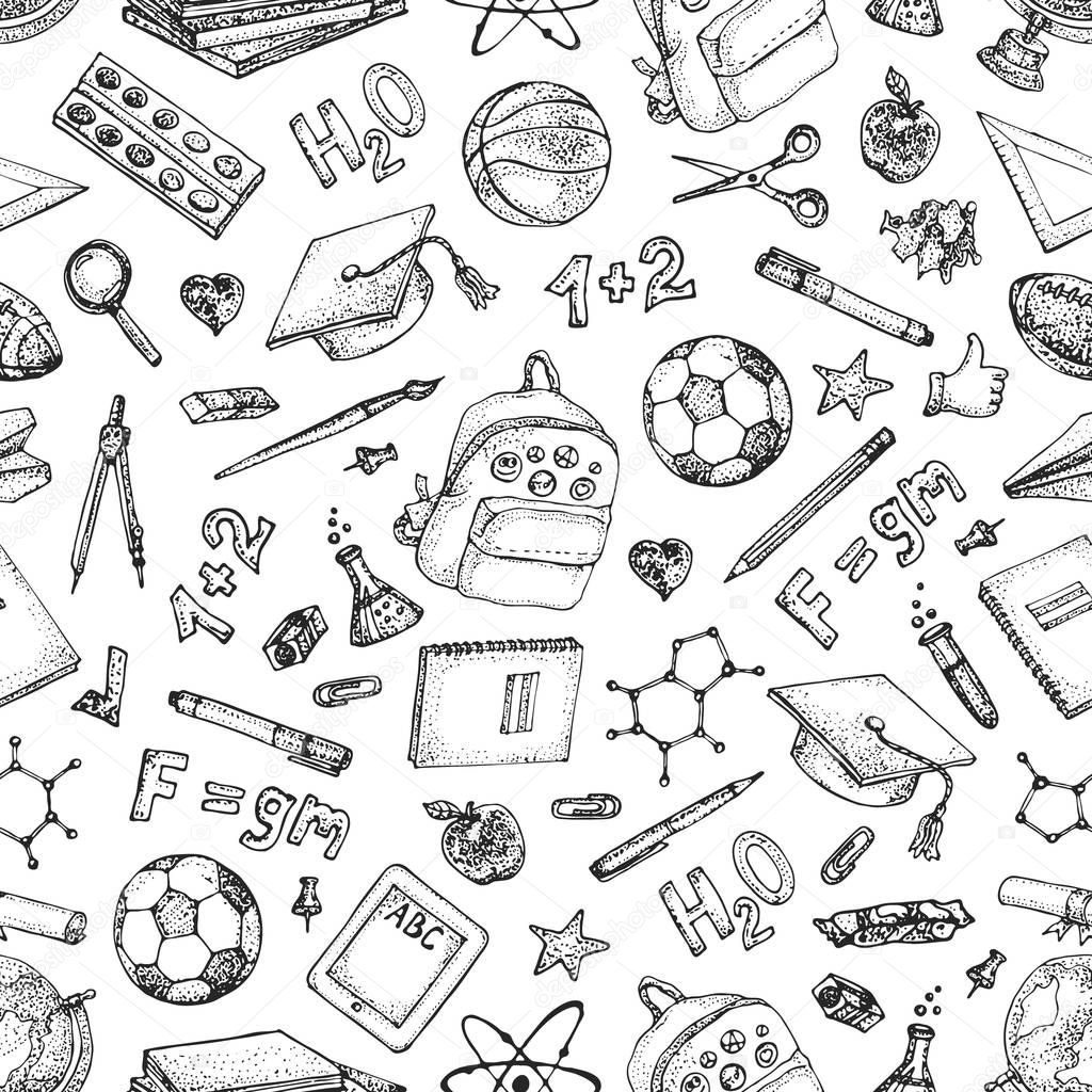 Back to school seamless pattern. Doodle vector set of Physics and Chemistry science theory,  glass flasks, formulas, stationery, books, schoolbag, scribbles isolated on white.