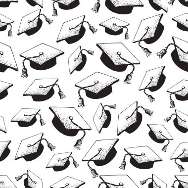 Doodle siyah şapka seamless modeli ile diploma, mezuniyet kapaklar atılan hava, kare akademik kap, kolej kolej, üniversite öğrencileri, eğitim kavramı, beyaz arka plan için mezun