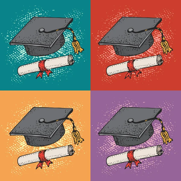 Pop art vector background with Graduate cartoon black hat with diploma, graduation caps, square academic cap, university students, education concept.