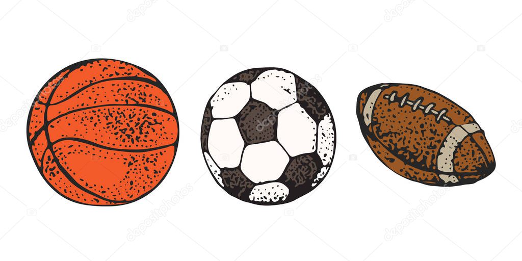 Sport balls set vector illustration isolated on white background. Hand drawn cartoon icon american football, rugby, basketball and soccer of recreation and leisure. 