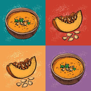 Pop art kabak kremalı çorba vektör çizim seti. Çizilmiş kase çorba, kabak ve tohum parça dilimlenmiş ver. Sebze karikatür tarzı arka plan. Detaylı vejetaryen gıda kroki desen. 