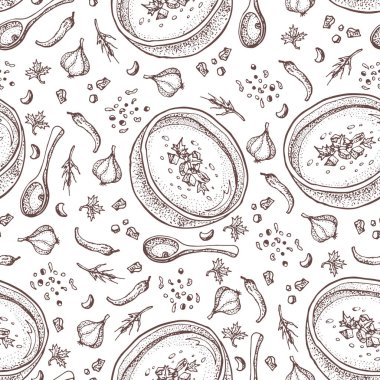 Kabak kremalı çorba Dikişsiz desen vektör. Kase çorba, kaşık, baharatlar, kabak ve tohum parça dilimlenmiş izole el çekilmiş. Sebze doodle stili arka plan. Detaylı vejetaryen gıda kroki. 