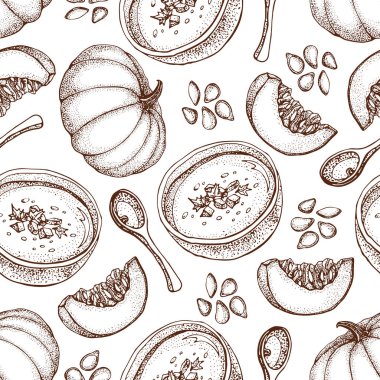 Kabak kremalı çorba Dikişsiz desen vektör. El çekilmiş kase çorba, kaşık, kabak ve tohum parça dilimlenmiş izole. Sebze doodle stili arka plan. Detaylı vejetaryen gıda kroki. 