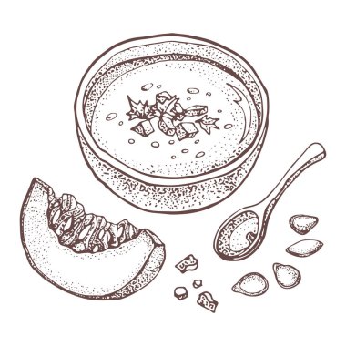 Kabak kremalı çorba vektör çizim seti. Çorba, kabak ve tohum parça dilimlenmiş izole el çekilmiş. Sebze dotty stil illüstrasyon. Detaylı vejetaryen gıda kroki. 