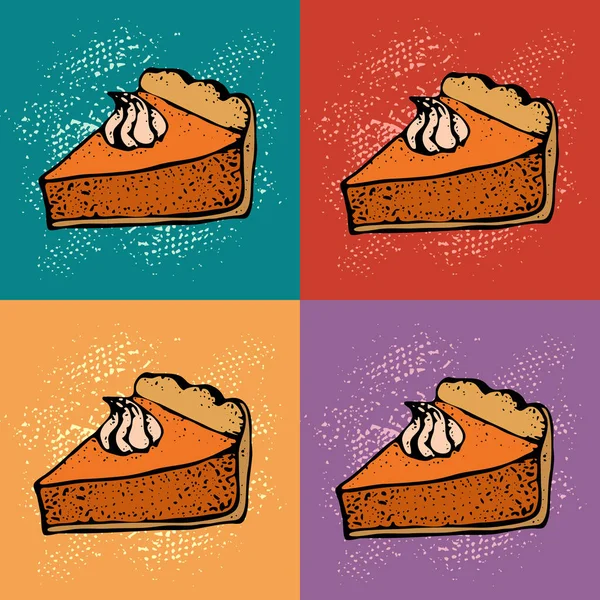 ポップアート クリーム色の背景とカボチャのパイ パイの部分の手描きのスケッチ 感謝祭の日のベクトル図です パターンの識別レストラン メニュー デザイン — ストックベクタ