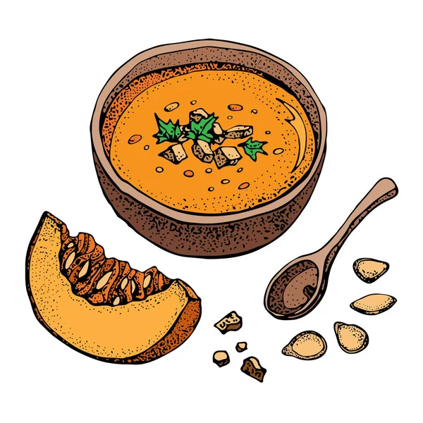 Calabaza Crema Sopa Vector Dibujo Conjunto Tazón Aislado Sopa Trozo — Archivo Imágenes Vectoriales