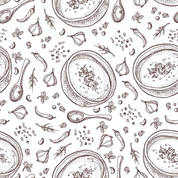 Kabak kremalı çorba Dikişsiz desen vektör. Kase çorba, kaşık, baharatlar, kabak ve tohum parça dilimlenmiş izole el çekilmiş. Sebze doodle stili arka plan. Detaylı vejetaryen gıda kroki. 