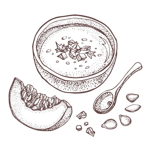 Ensemble Dessin Vectoriel Soupe Crème Citrouille Bol Soupe Isolé Tiré — Image vectorielle