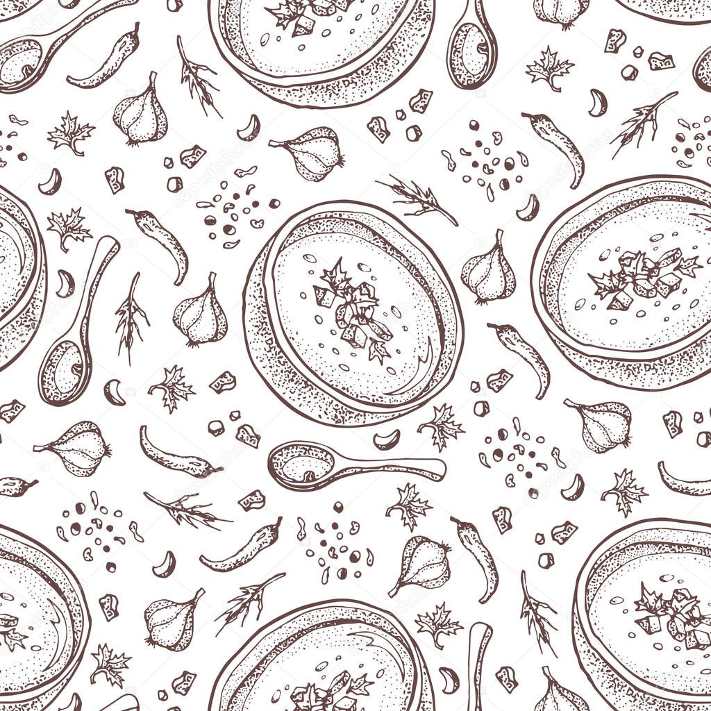 Pumpkin cream soup vector seamless pattern. Isolated hand drawn bowl of soup, spoon, spices, sliced piece of pumpkin and seeds. Vegetable doodle style background. Detailed vegetarian food sketch. 