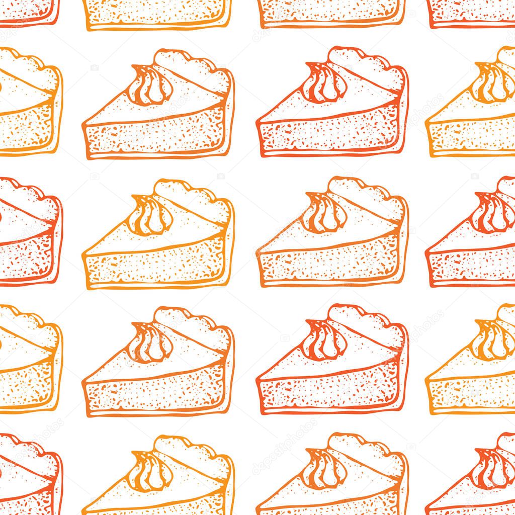 Pumpkin pie with cream seamless pattern. Hand drawn sketch of the pie piece. Thanksgiving Day vector illustration.  For identify the restaurant, packaging, menu design