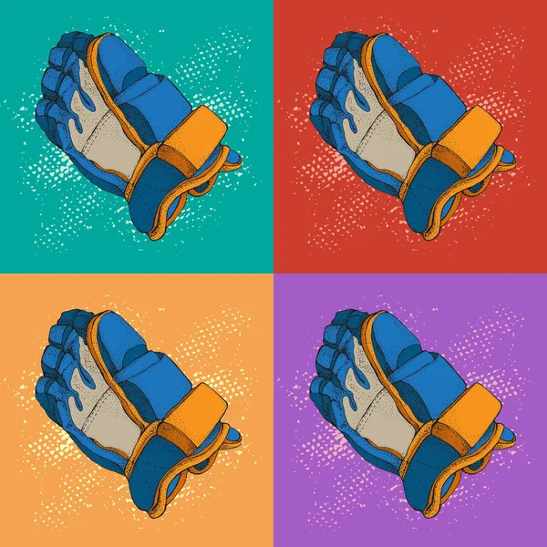 Pop art vector hockey gloves pattern. Isolated hockey gloves on colorful background. Ice hockey sports equipment. Hand drawn realistic Ice hockey gloves. — Stock Vector