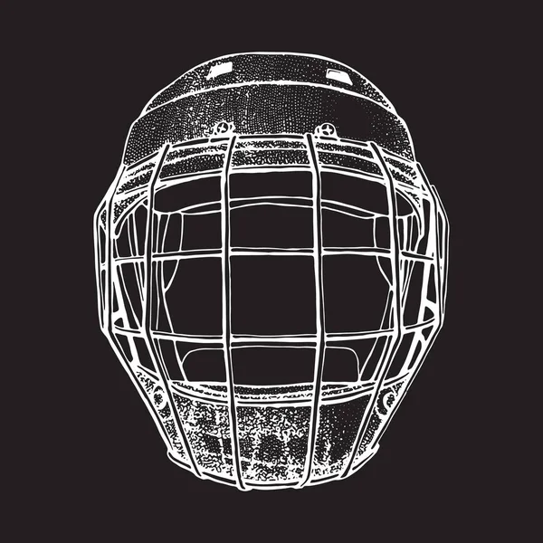 Хоккейный шлем в маске. Вид спереди. Спортивные векторные иллюстрации изолированы на черном фоне. Хоккейное спортивное оборудование. Ручной шлем в стиле эскиза . — стоковый вектор