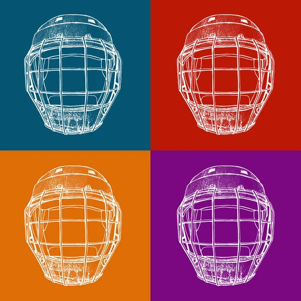 Casque de hockey Pop art avec masque. Vue de face. Modèle vectoriel sportif. Équipement sportif de hockey sur glace sur fond coloré. Casque dessiné à la main dans le style croquis . — Image vectorielle
