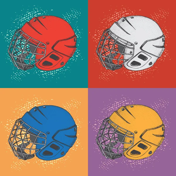 Поп-арт хоккейные шлемы с маской. Вид сбоку. Спортивный векторный шаблон. Хоккейное спортивное снаряжение на красочном фоне. Ручной шлем в стиле мультфильма . — стоковый вектор