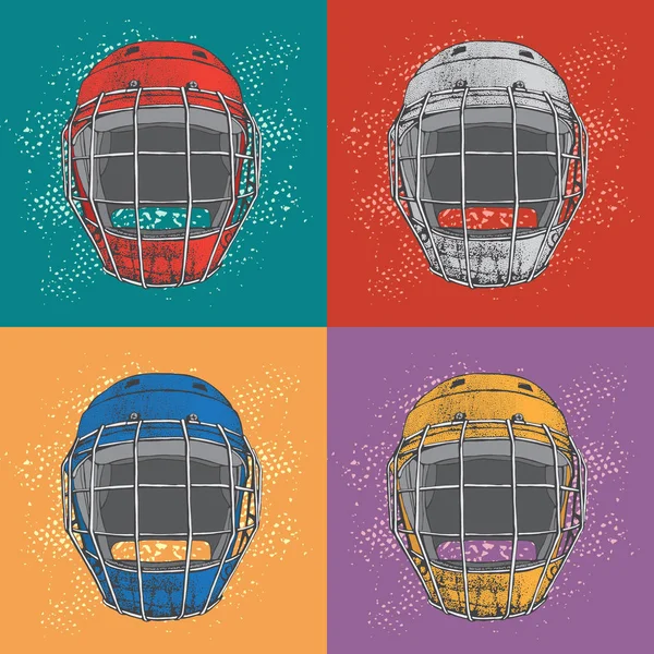 Pop-art Jégkorong sisakok maszkkal. Oldalnézet. Sport-vektor mintázat. Jégkorong sport berendezés, a színes hátteret. Kézzel rajzolt sisak rajzfilm stílusú. — Stock Vector