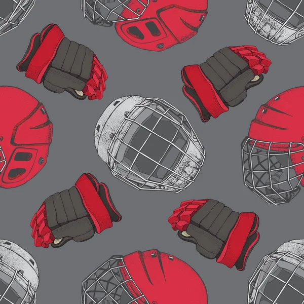 Hockey naadloze patroon. Rode helm met masker en handschoenen aan grijs hebben. Sport vectorillustratie. IJshockey sportuitrusting. Hand getekende Hockey helm en handschoenen. — Stockvector