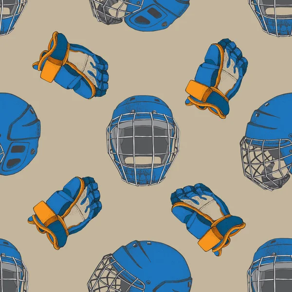 Hockey naadloze patroon. Blauwe helm met masker en handschoenen aan bruin hebben. Sport vectorillustratie. IJshockey sportuitrusting. Hand getekende Hockey helm en handschoenen. — Stockvector