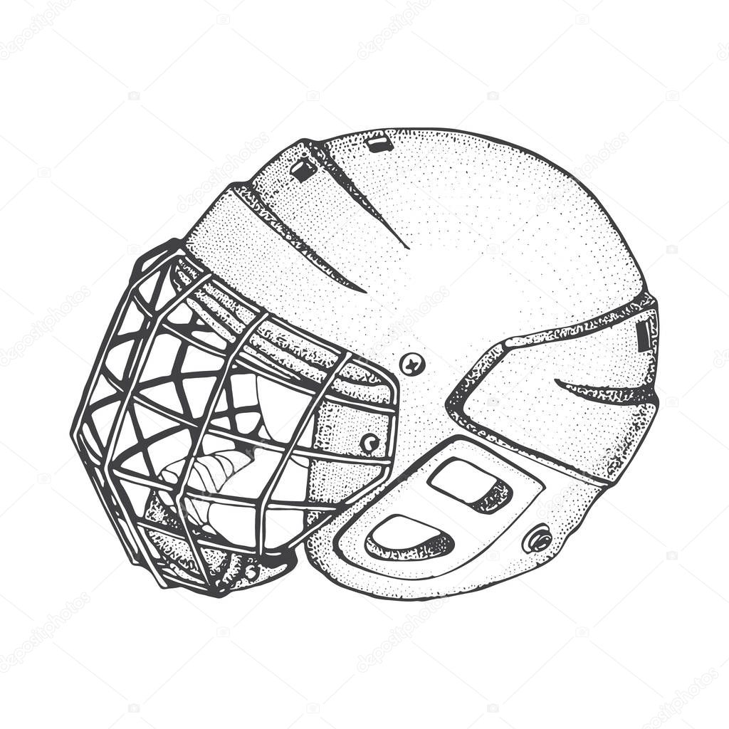 Hockey Helmet with mask. Side view. Sports Vector illustration isolated on white background. Ice hockey sports equipment. Hand drawn helmet in sketch style.