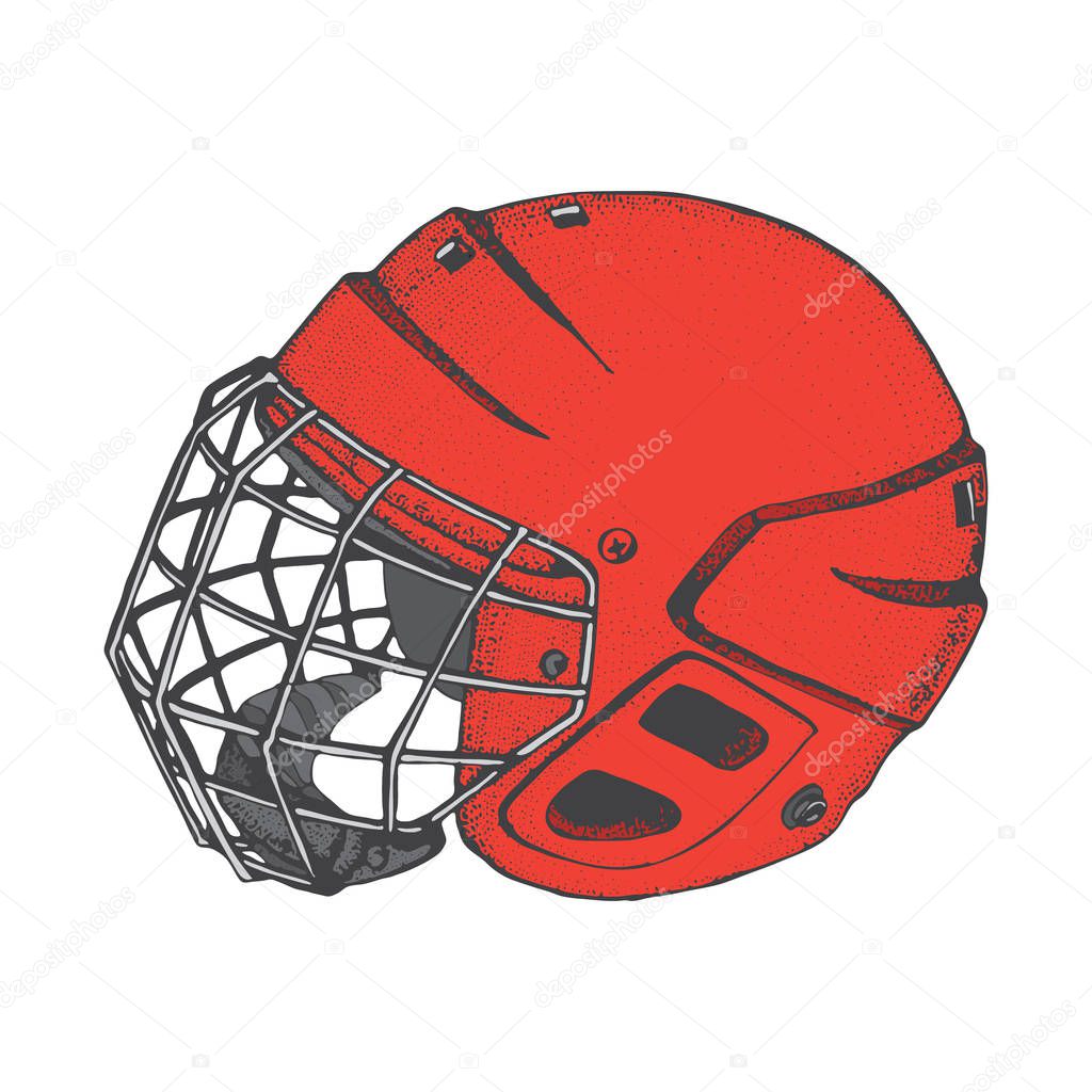 Hockey Helmet with mask. Side view. Sports Vector illustration isolated on white background. Ice hockey sports equipment. Hand drawn red helmet in cartoon style.