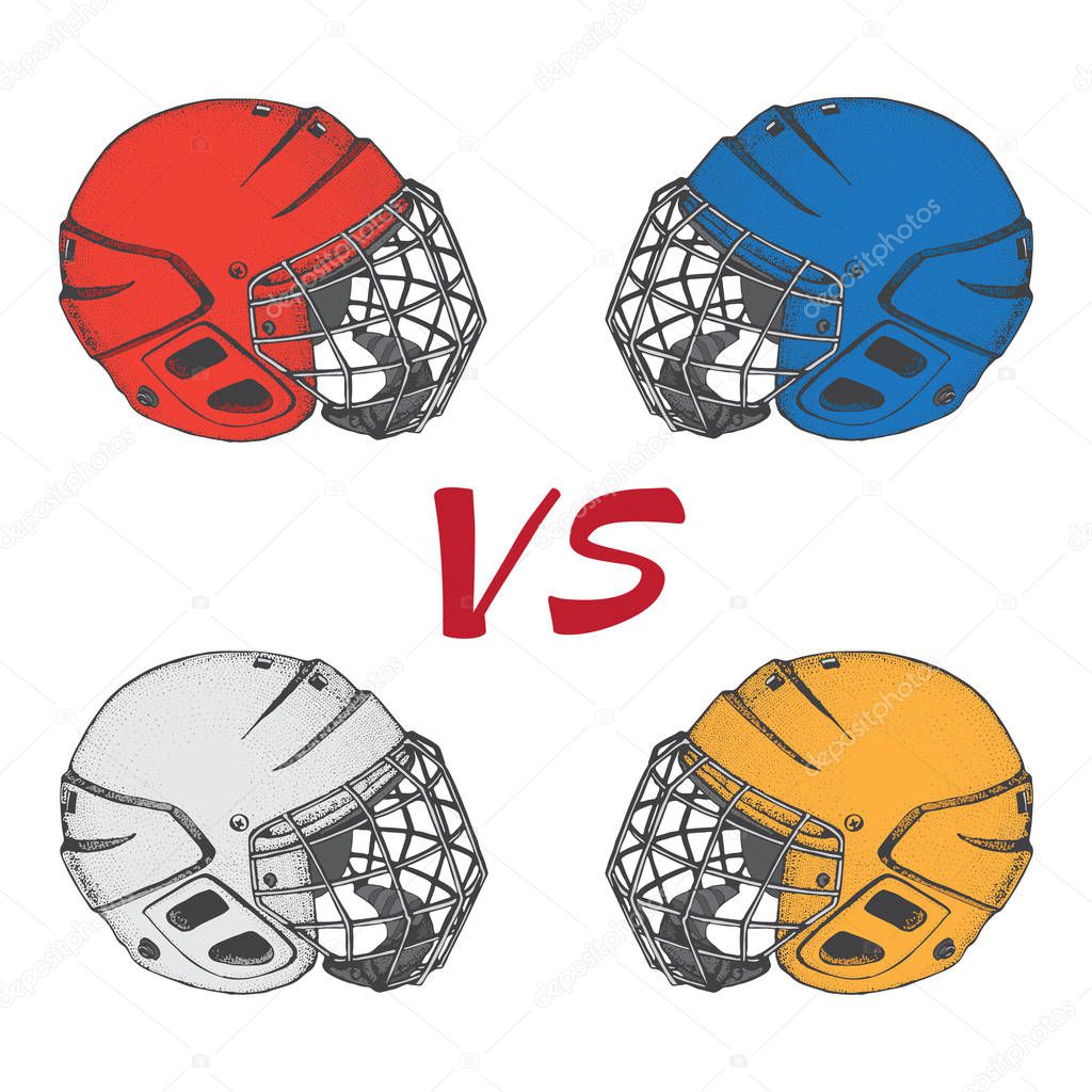 Hockey Helmets with mask. Side view. Sports Vector illustration isolated on white background. Ice hockey sports equipment. Hand drawn helmets in cartoon style.