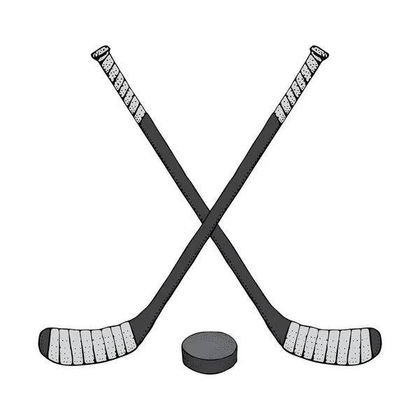 Puck ile buz hokey sopası. Spor vektör illüstrasyon izole beyaz arka plan üzerinde. Buz hokeyi spor malzemeleri. Karikatür tarzı çizilmiş sopa el.