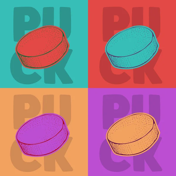 Pop art Ice Hockey puck. Ilustración de vectores deportivos sobre fondo colorfool. Equipo deportivo de hockey sobre hielo. Patrón con disco en el texto . — Vector de stock