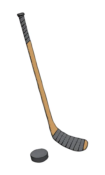 Ice Hockey stick with puck. Sports Vector illustration isolated on white background. Ice hockey sports equipment. Hand drawn stick in cartoon style. — Stock Vector
