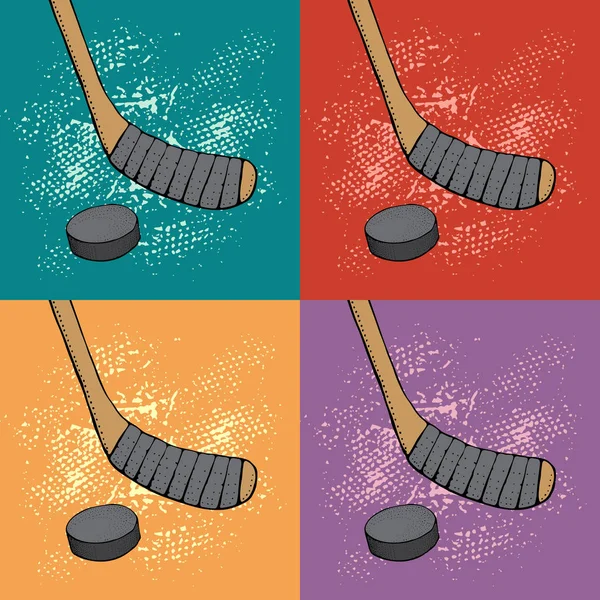 Pop art Ice Hockey tongkat dengan keping. Ilustrasi vektor olahraga pada latar belakang si bodoh warna. Peralatan olahraga hoki es. Pola dengan tongkat dalam gaya kartun . - Stok Vektor